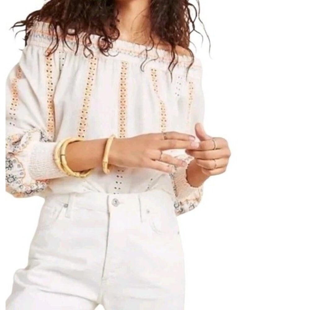 Vineet Bahl Anthropologie Embroidered Cotton Peasant Top Womens S Cream Boho